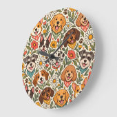 Cute Dogs and Colorful Floral Pattern ラージ壁時計 (傾斜)