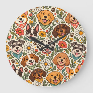 Cute Dogs and Colorful Floral Pattern ラージ壁時計