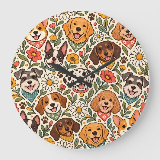 Cute Dogs and Colorful Floral Pattern ラージ壁時計 (正面)