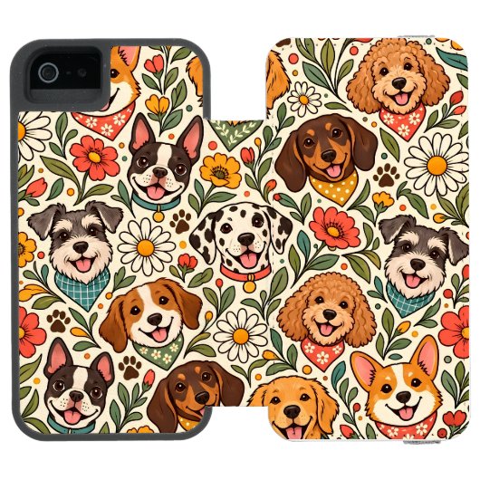 Cute Dogs and Colorful Floral Pattern Incipio iPhoneウォレットケース (フォリオ Open)