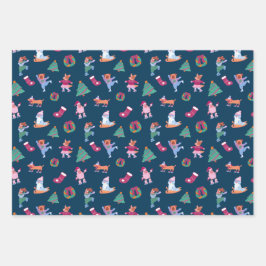 Cute Dogs Ice Skating Blue Pink Christmas ラッピングペーパーシート