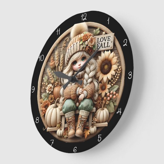 Cute Doll Love Fall Autumn Decor ラージ壁時計 (傾斜)