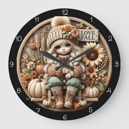 Cute Doll Love Fall Autumn Decor ラージ壁時計 (正面)