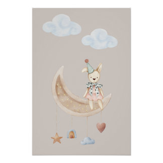 Cute Doll on Crescent Moon Illustration Poster ポスター