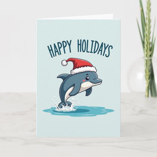 Cute Dolphin Happy Holidays Santa Hat Card カード (正面)