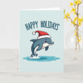 Cute Dolphin Happy Holidays Santa Hat Card カード (黄色い花)