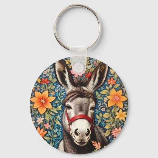 Cute Donkey On Colorful Floral Background キーホルダー (正面)