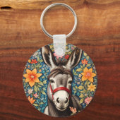 Cute Donkey On Colorful Floral Background キーホルダー (裏面)