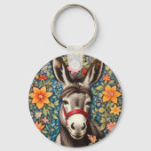 Cute Donkey On Colorful Floral Background キーホルダー (裏面)