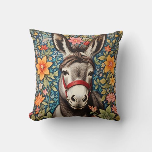 Cute Donkey On Colorful Floral Background クッション (正面)