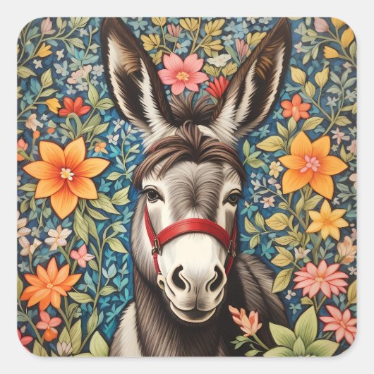 Cute Donkey On Colorful Floral Background スクエアシール (正面)