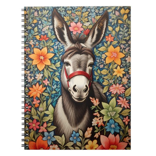Cute Donkey On Colorful Floral Background ノートブック (正面)
