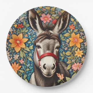Cute Donkey On Colorful Floral Background ペーパープレート