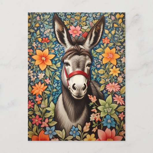 Cute Donkey On Colorful Floral Background ポストカード (正面)