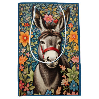 Cute Donkey On Colorful Floral Background ミディアムペーパーバッグ