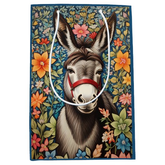 Cute Donkey On Colorful Floral Background ミディアムペーパーバッグ (正面)