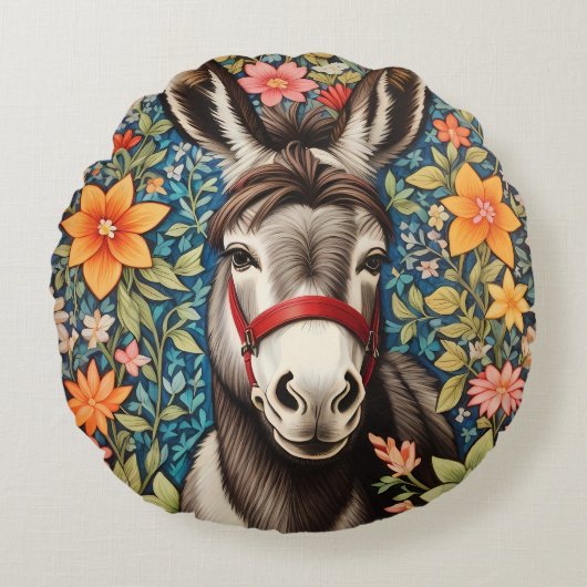 Cute Donkey On Colorful Floral Background ラウンドクッション (正面)