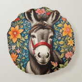 Cute Donkey On Colorful Floral Background ラウンドクッション (裏面)