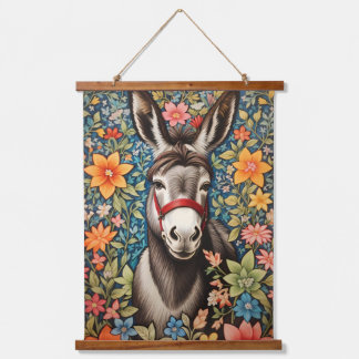 Cute Donkey On Colorful Floral Background 吊り下げ型タペストリー