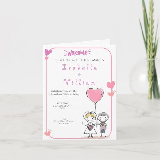 Cute Doodle Bride & Groom Pink Hearts Wedding  招待状 (正面)