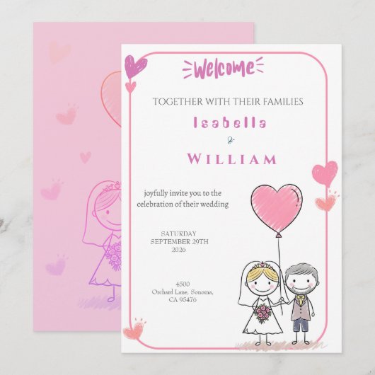Cute Doodle Bride & Groom Pink Hearts Wedding  招待状 (正面/裏面)