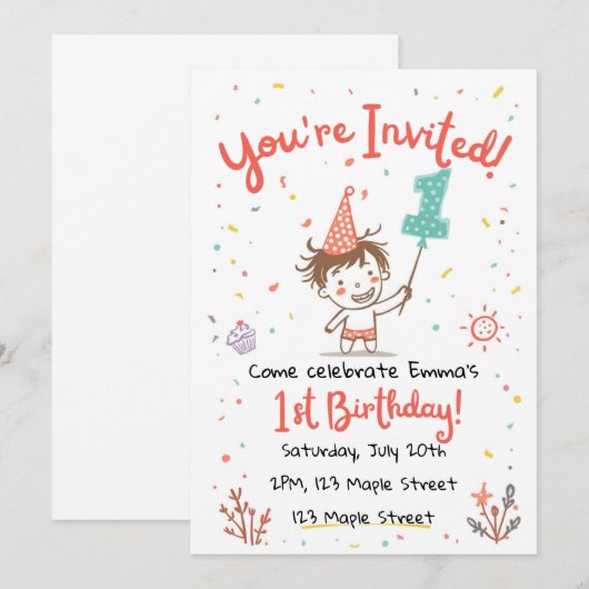 Cute Doodle Crayon Style First Party invite 招待状 (正面/裏面)