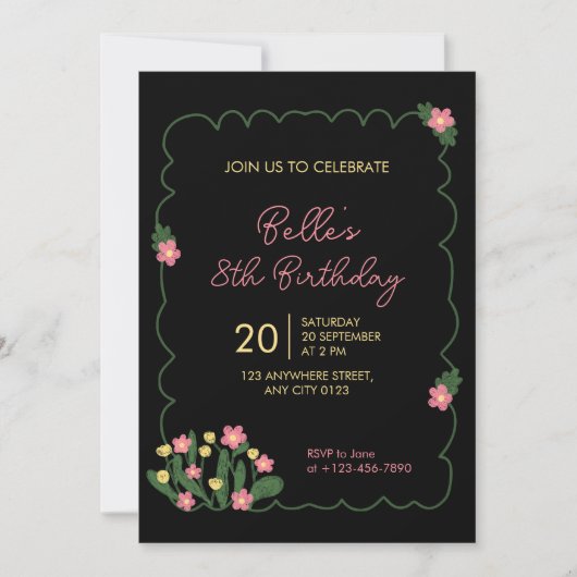 Cute Doodle Flower Frame Kids Birthday Invitation 招待状 (正面)