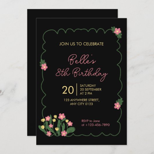 Cute Doodle Flower Frame Kids Birthday Invitation 招待状 (正面/裏面)