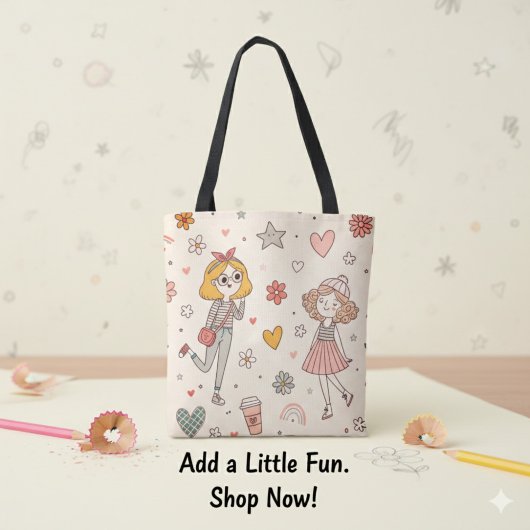 Cute Doodle Girls Full-Print Tote Bag トートバッグ