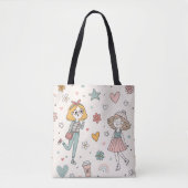 Cute Doodle Girls Full-Print Tote Bag トートバッグ (正面)