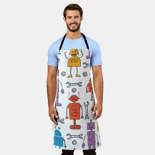 Cute doodle robots. Seamless pattern. Cartoon char エプロン (着用した状態)