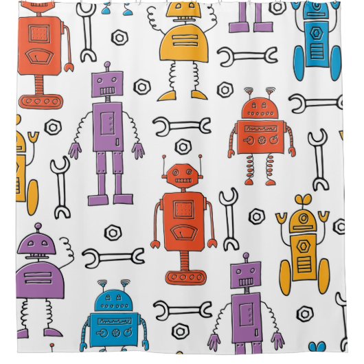 Cute doodle robots. Seamless pattern. Cartoon char シャワーカーテン (正面)