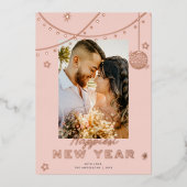 Cute Doodles Happy New Year Photo Blush Rose Gold 箔シーズンカード (正面)