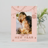 Cute Doodles Happy New Year Photo Blush Rose Gold 箔シーズンカード (立ち正面)
