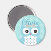 Cute Dotty Blue Owl Art Personalised Girls マグネット (正面/裏面)