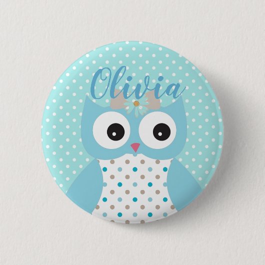 Cute Dotty Blue Owl Art Personalised Girls 缶バッジ (正面)