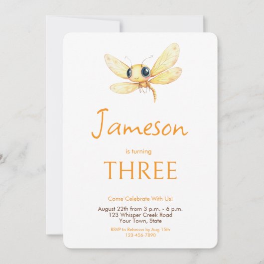 Cute Dragonfly Orange Yellow Boy Birthday 招待状 (正面)
