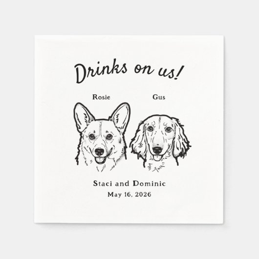 Cute Drinks On Us Corgi Dachshund Wedding Dog スタンダードカクテルナプキン (正面)