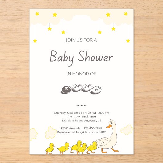 Cute Duck Baby Shower Illustration Minimal Style アクリル招待状 (正面)