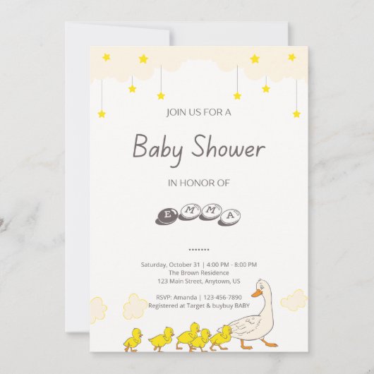 Cute Duck Baby Shower Illustration Minimal Style 招待状 (正面)
