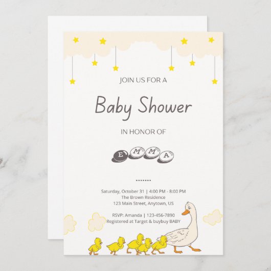 Cute Duck Baby Shower Illustration Minimal Style 招待状 (正面/裏面)