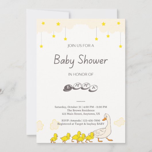 Cute Duck Baby Shower Illustration Minimal Style 招待状 (正面)