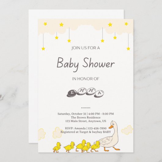 Cute Duck Baby Shower Illustration Minimal Style 招待状 (正面/裏面)