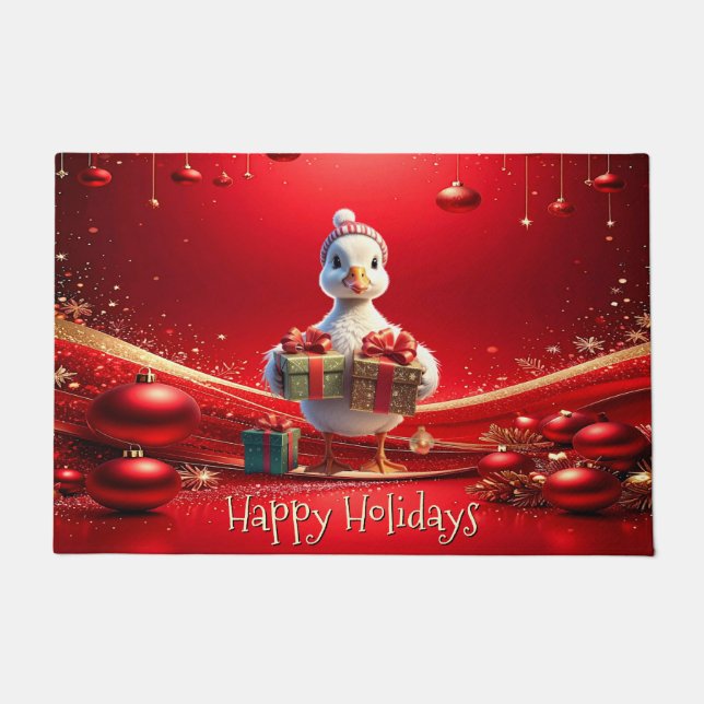 Cute Duck Christmas Holiday Doormat ドアマット (正面)