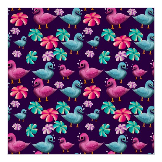 Cute Duck Floral Pattern Kawaii Pink Blue Ducks  ポスター (正面)