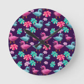 Cute Duck Floral Pattern Kawaii Pink Blue Ducks  ラウンド壁時計 (正面)