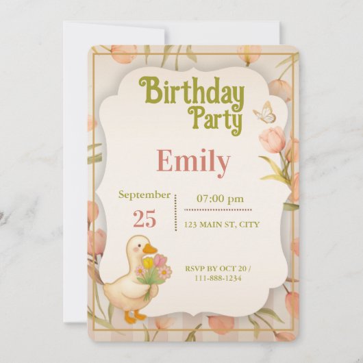 Cute Duck Floral Watercolor Birthday Party Invitat 招待状 (正面)