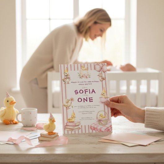 Cute Duckling First Birthday Invitation 招待状
