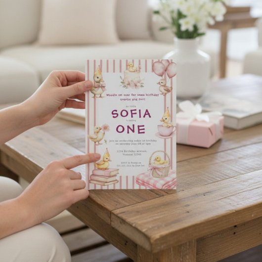 Cute Duckling First Birthday Invitation 招待状