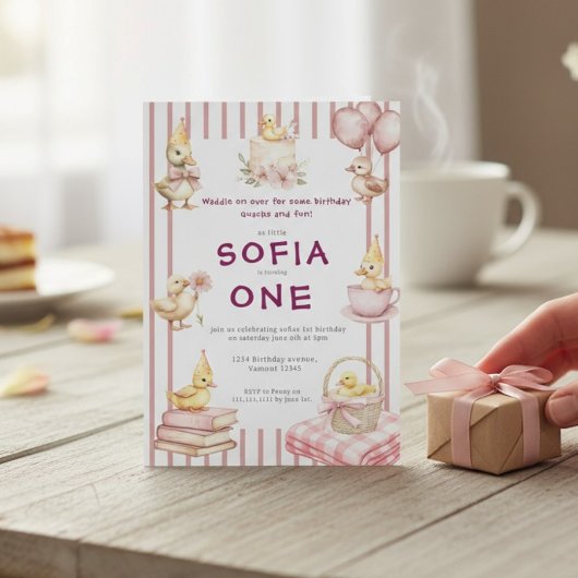 Cute Duckling First Birthday Invitation 招待状